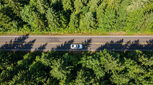 Aerial View of Road with Car Traveling Through Green Forest Landscape