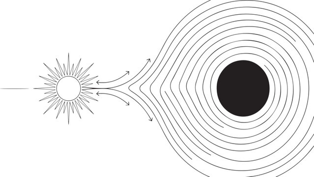 Black hole with sun and gravitational pull lines in space