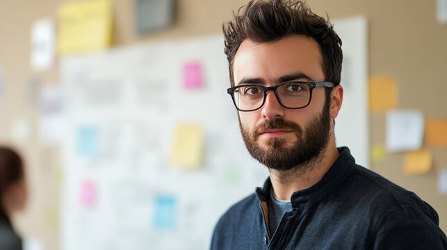 Startup entrepreneur in front of whiteboard with plan