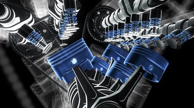 Electronic ignition button press activates working 3D V8 motor. Valves, pistons and crankshaft in motion.
