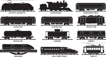A collection of twelve black silhouette representing various types of trains and railway carriages, including steam engines, electric locomotives, freight cars, and a monorail, on white © MdAbu