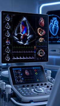 Advanced 4D Echocardiogram Machine Displaying Real-time Heart Diagnostic Data and Cardiac Ultrasound Imaging