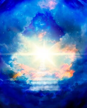 天国へ続く雲の階段とオーロラ色の空と降り注ぐ太陽光のスピリチュアルな背景画