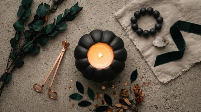 Minimalist fall flat lay featuring black pumpkin candle holder brass wick trimmer crystals bracelet and green leaves decor.