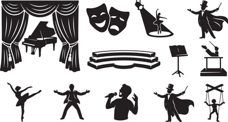 Collection of black silhouettes representing performing arts, including a grand piano on stage, theater masks, a ballerina in a spotlight, a magician, a conductor, and a singer with a microphone © MdAbu