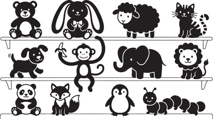 Set of black and white animal silhouettes featuring a teddy bear, rabbit, sheep, cat, dog, monkey with a banana, elephant, lion, panda, fox, penguin, and caterpillar arranged on shelves © MdAbu
