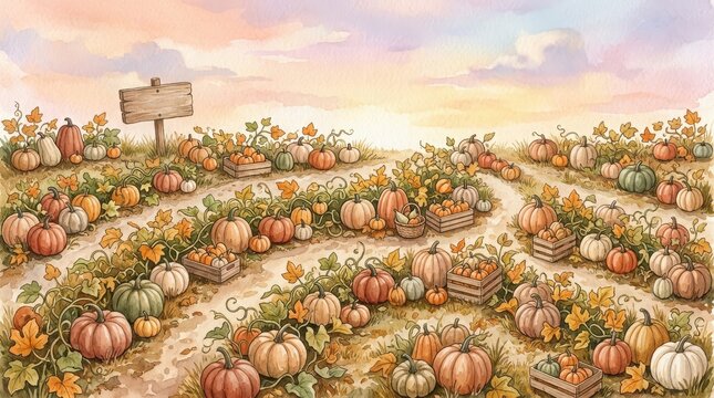 Watercolor illustration of pumpkin patch field with various gourds and wooden sign under soft pastel sunset sky background.