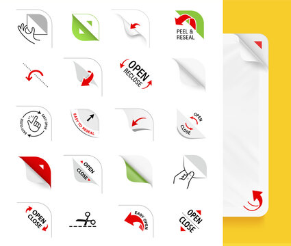 Opening or closed packaging arrows symbols icons set. Set for package, shows the place of opening. The outline vector icons are well scalable and editable for packaging label design. EPS10.