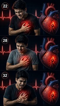 Conceptual Illustration of Young Men Suffering Heart Attacks at Ages 22, 28, and 32 with Anatomical Heart and ECG