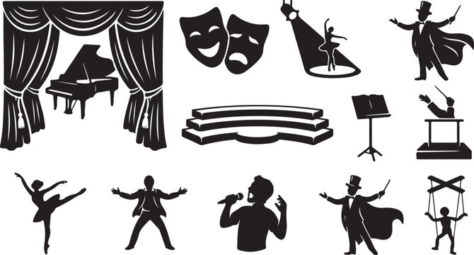 Collection of black silhouettes representing performing arts, including a grand piano on stage, theater masks, a ballerina in a spotlight, a magician, a conductor, and a singer with a microphone