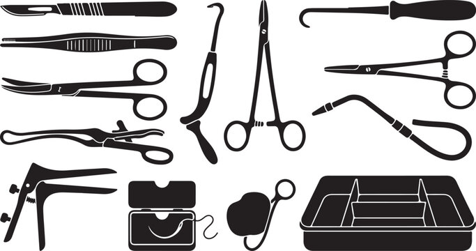 Collection of black silhouettes of surgical and medical instruments, including scalpels, forceps, clamps, scissors, a speculum, a suture kit, and a partitioned metal tray on a white background
