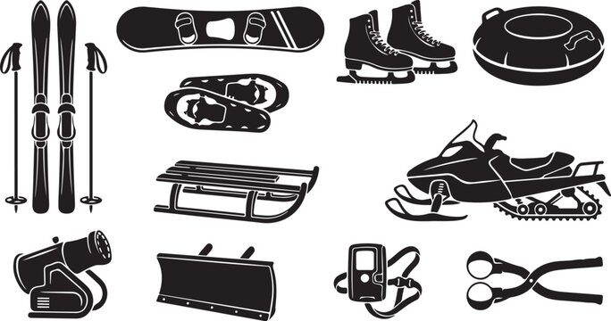 Collection of winter sports equipment including skis, snowboard, ice skates, snowmobile, sled, snowshoes, snow tube, snow cannon, plow, avalanche beacon, and snowball maker in black silhouette