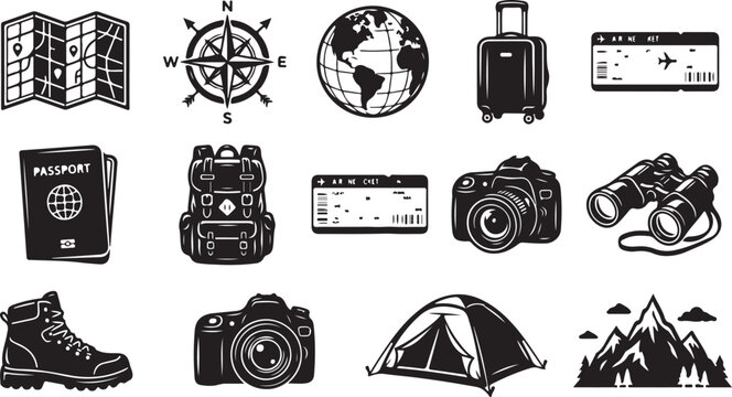 Set of black and white travel featuring a map, compass, globe, suitcase, airplane ticket, passport, backpack, camera, binoculars, hiking boot, camping tent, and mountain landscape