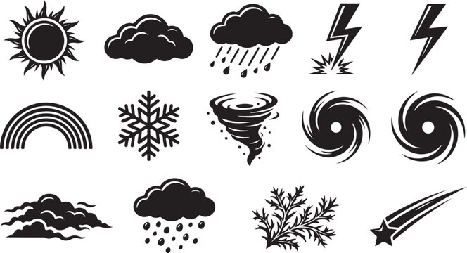 Set of black and white weather featuring a sun, clouds, rain, lightning bolts, a rainbow, snowflake, tornado, hurricane, frost pattern, and a shooting star on a white background