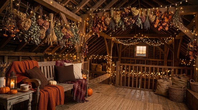 Interior view of rustic barn loft decorated with dry flowers and autumn leaves hanging from wooden beams with warm lighting.