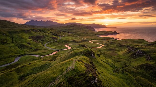Aerial view of lush green hills at sunset with dramatic sky and winding roads