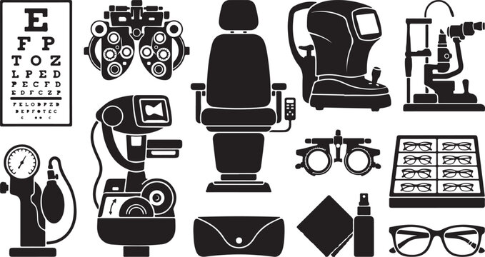 Set of black silhouette for optometry and ophthalmology, featuring an eye chart, phoropter, exam chair, slit lamp, tonometer, trial frames, glasses display case, and cleaning accessories