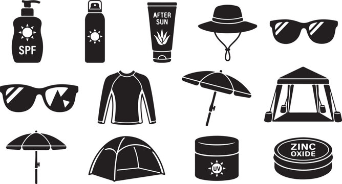 Set of black silhouette representing sun protection gear, including sunscreen bottles, sunglasses, a sun hat, a rash guard, beach umbrellas, a pop-up tent, and a container of zinc oxide cream