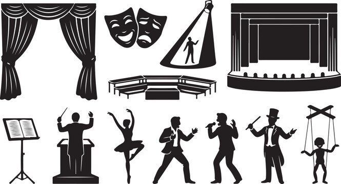 Set of black theatrical featuring stage curtains, comedy and tragedy masks, a spotlighted performer, an empty stage, a conductor, a ballerina, a singer, a magician, and a marionette puppet