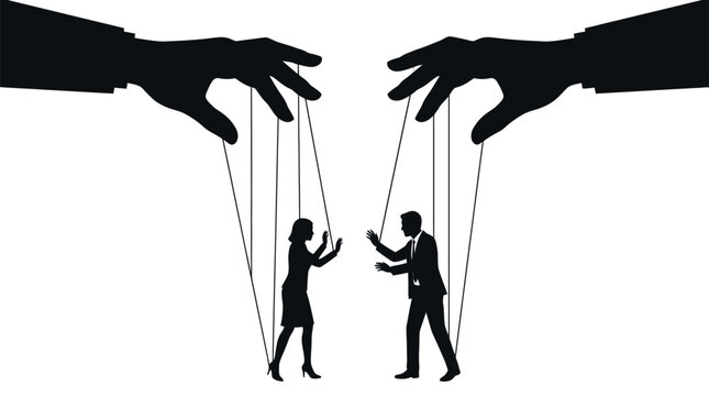 Minimalist black vector illustration showing large hands manipulating a man and woman like marionette puppets