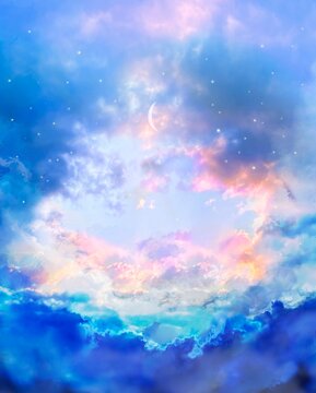 星空と幻想的な宇宙と三日月の天国風ファンタジー背景