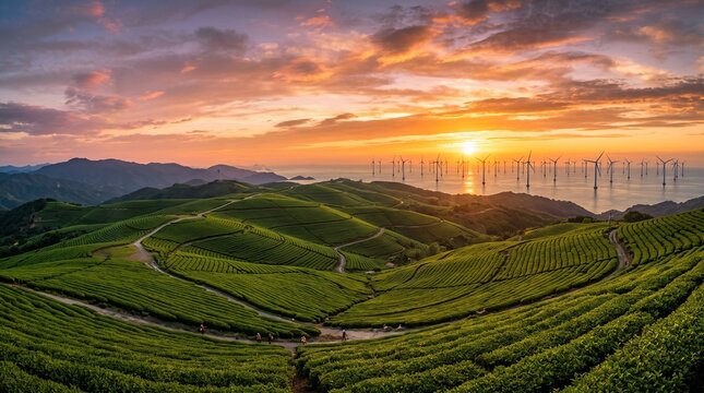 Scenic sunset over rolling green hills with offshore wind turbines