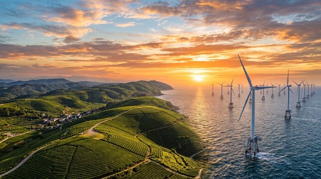Aerial view of offshore wind turbines at sunset over ocean landscape