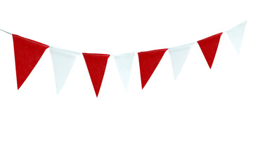 Obraz premium A festive string of red and white triangular bunting flags isolated on a black background, perfect for celebrations, sporting events, or party decorations
