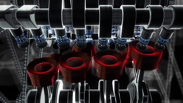 Pushing yellow ignition button followed by V8 combustion animation. Valves, pistons and crankshaft in motion.
