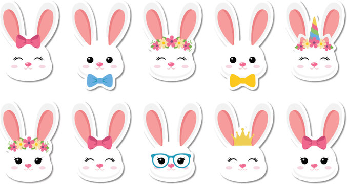 Cute cartoon bunny faces with accessories on white background
