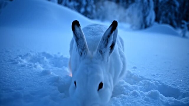 Arctic hare with white winter coat resting in deep blue snow at dusk, warm golden light glowing from beneath its belly, cinematic night scene in a blurred frozen boreal forest.