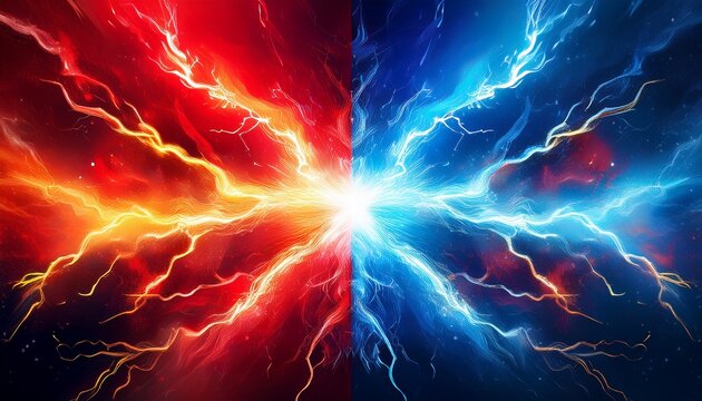 lightning collision red and blue background versus banner powerful colored lightnings and the flash from the collision confrontation concept competition vs match game