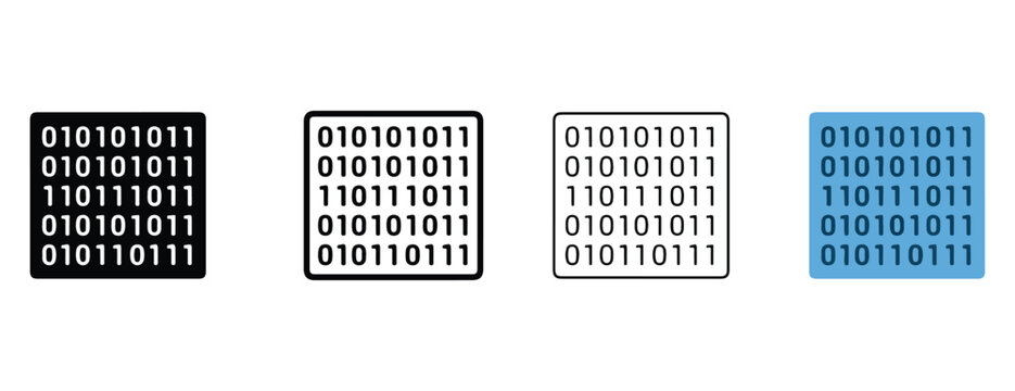 binary code icons in black white and blue on white background for technology and coding concepts  various colored squares with binary numbers