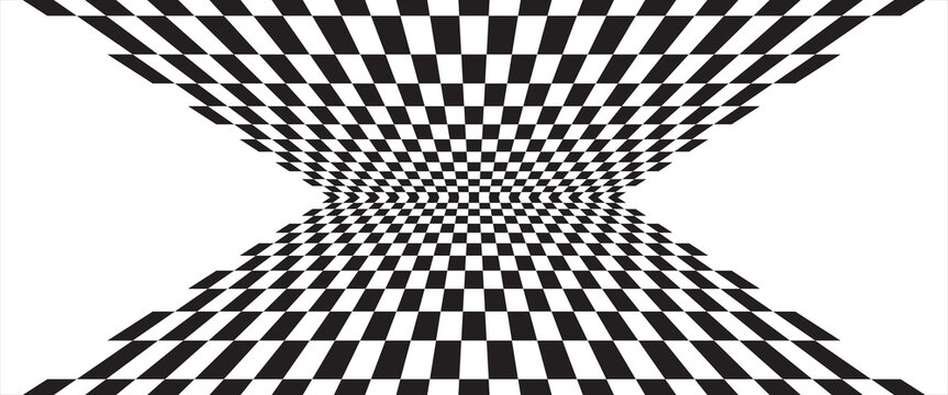 Abstract black and white checkerboard pattern forming a curved perspective grid, creating a dynamic optical illusion of depth and distortion.