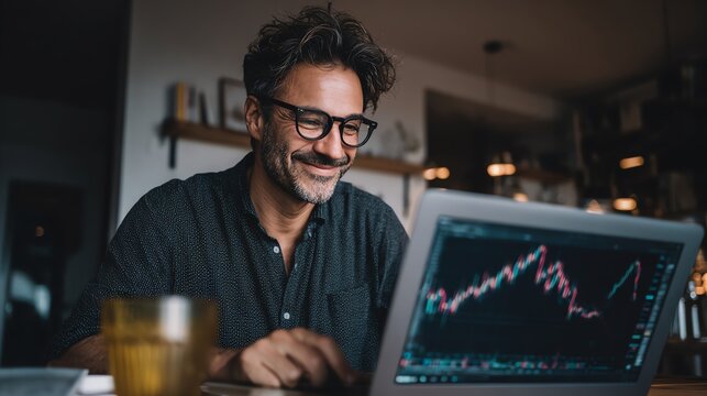 smiling trader checking charts on laptop in home office