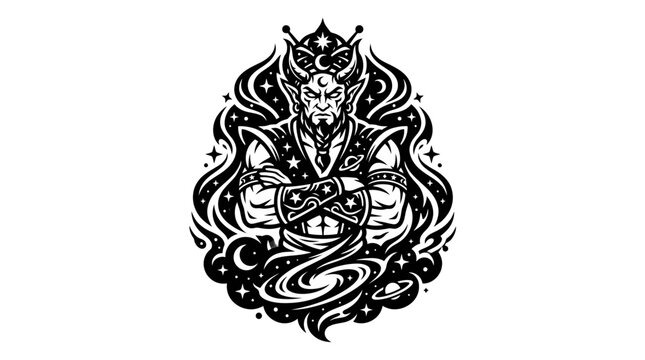 Cosmic Djinn Character Illustration, Mystical Being with Stars and Swirls