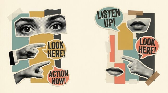 Collage of human eyes lips and hands with text bubbles.