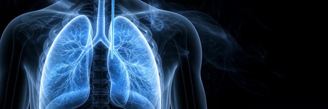 Glowing lungs and chest anatomy on dark medical banner with copy space, pulmonology, healthcare, science