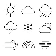 Naklejka premium Weather forecast vector icons set featuring sun, cloud, rain, lightning storm, snowflake, wind, rainbow, and fog outline symbols