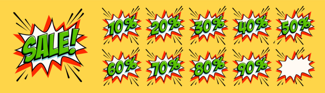 Comic sale starburst set with bold green lettering on white burst shapes, red accents and black lines on yellow background. Dynamic discount badges in retro pop art style.