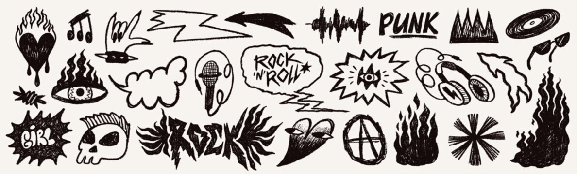 Rock doodle punk element set with music icons, fire, skull and grunge scribble symbols in black hand drawn style. Punk rock graphics for stickers, posters and album prints