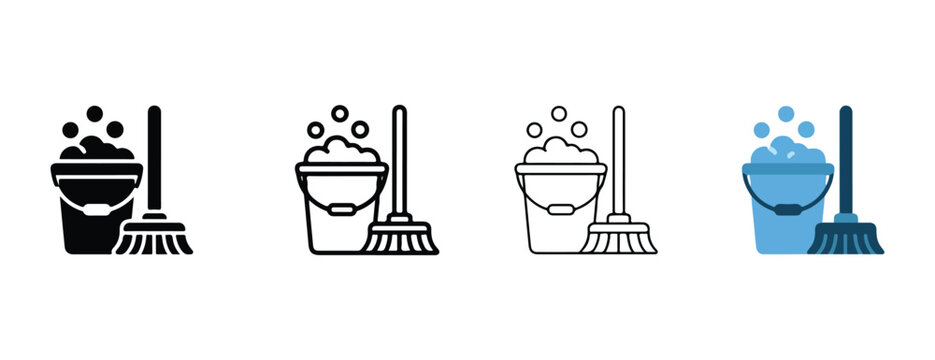 cleaning icons with a bucket and broom and soap bubbles on white background