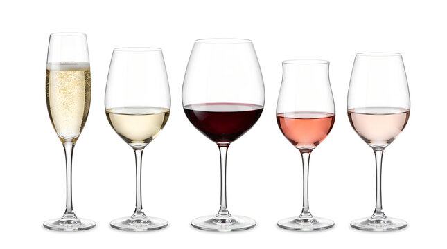 Wine glasses with different types of wine on a white background transparent background