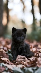 Fototapeta premium Curious fox cub explores autumn leaves a heartwarming portrait of woodland serenity and gentle beauty