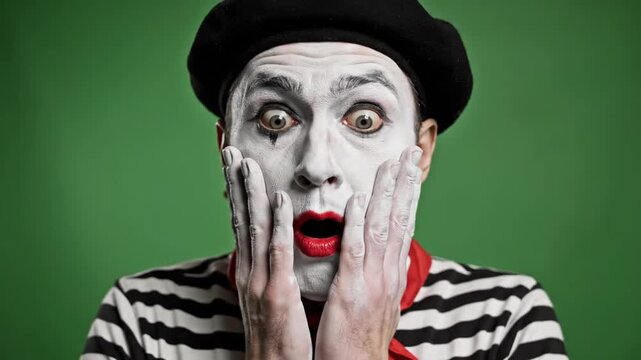 Surprised mime artist against a green studio background.