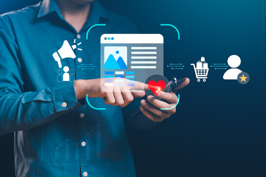 Digital marketer managing customer journey workflow on smartphone, marketing automation, lead generation, e-commerce optimization, and sustainable customer loyalty