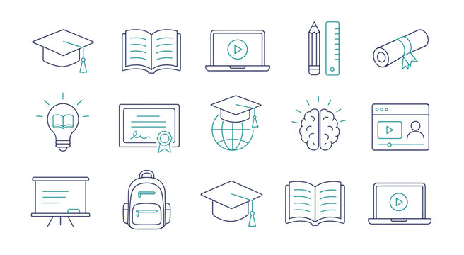 Education and e-learning vector icons featuring graduation cap, book, laptop, diploma, certificate, and school supplies in a modern line art style