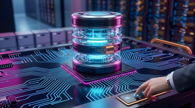 Professional interacting with futuristic transparent cylindrical data core server console representing modern digital database administration, secure network storage, and advanced technology concept.