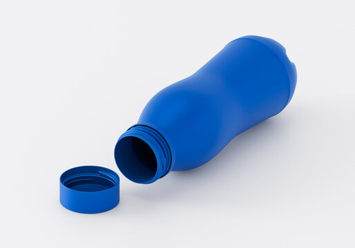 blue plastic bottle with open cap isolated on white background