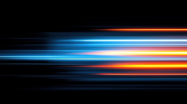 High speed light with blue and orange stripes in abstract, futuristic technological concept, showing motion blur against fast forward timeline background, creating a captivating visual effect that rep